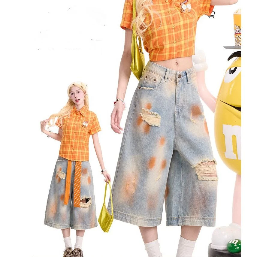 美式复古脏染破洞牛仔七分裤女夏季新款设计感慵懒阔腿小众短裤子