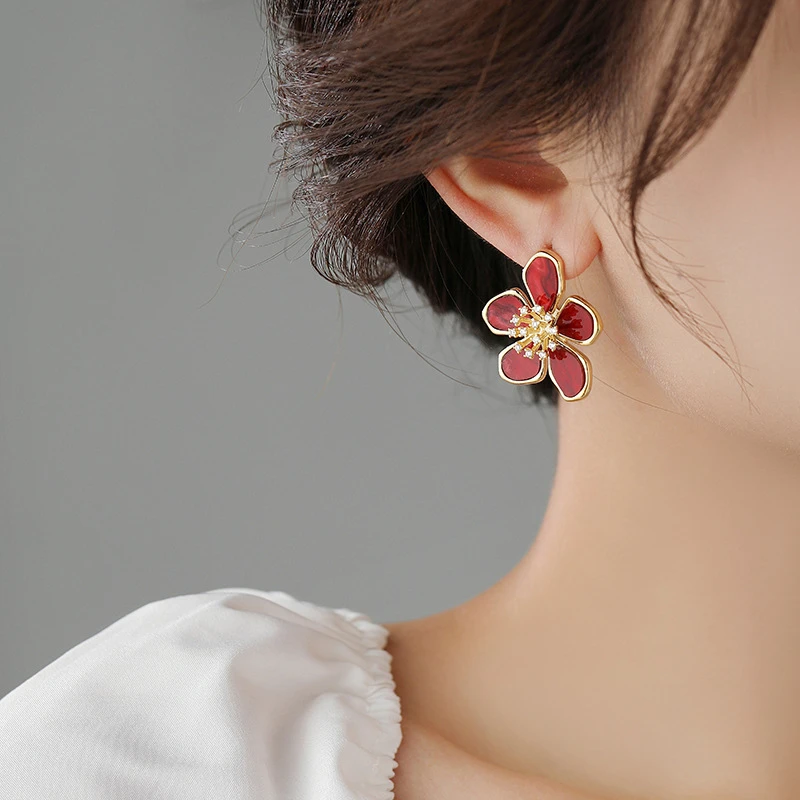 9209#新款五叶花锆石耳钉个性气质花瓣耳饰高级感