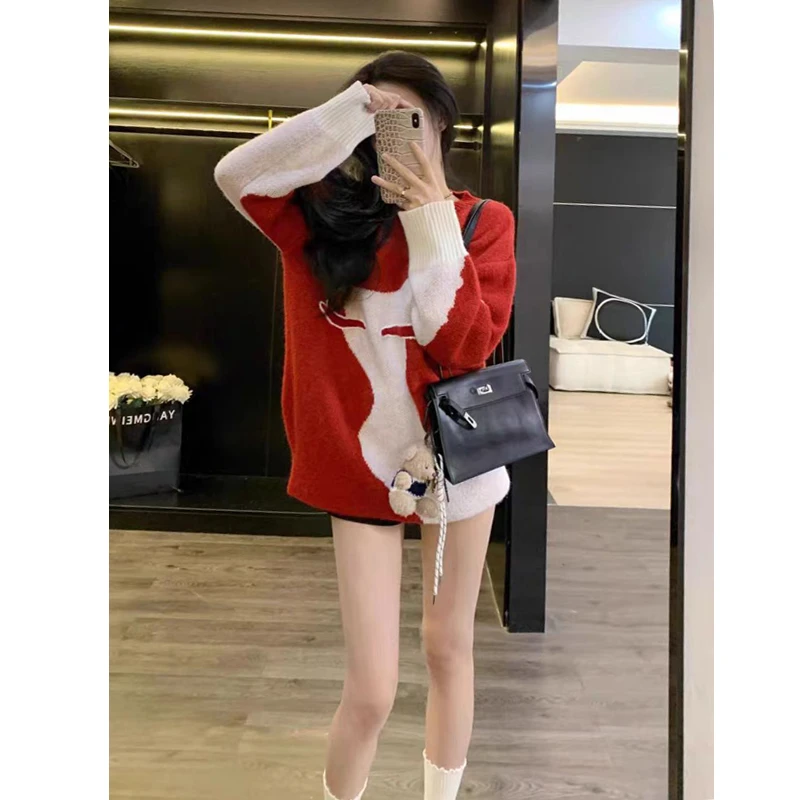 网红色小麋鹿慵懒风毛衣女秋冬宽松加厚圆领套头撞色时尚百搭针织