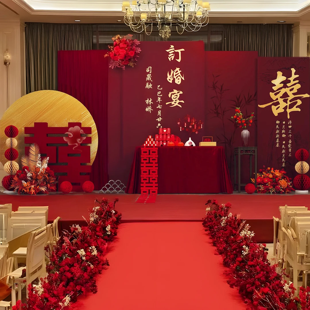 订婚布置摆件全套新中式简单大气定亲背景墙加大加高出阁宴kt板