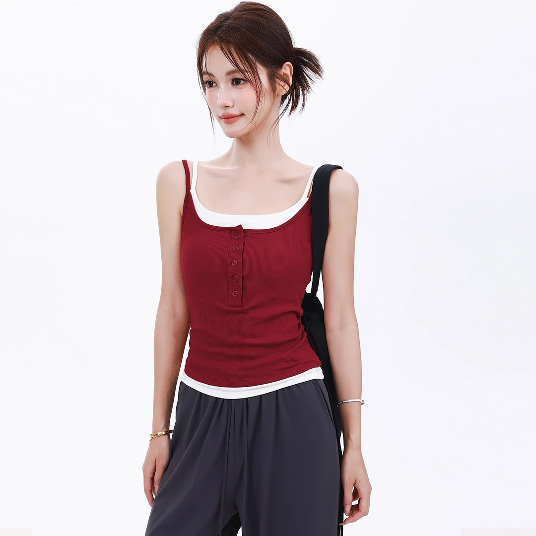 奔跑吧卡卡一体杯拼色运动背心女百搭瑜伽普拉提纽扣显瘦健身内衣