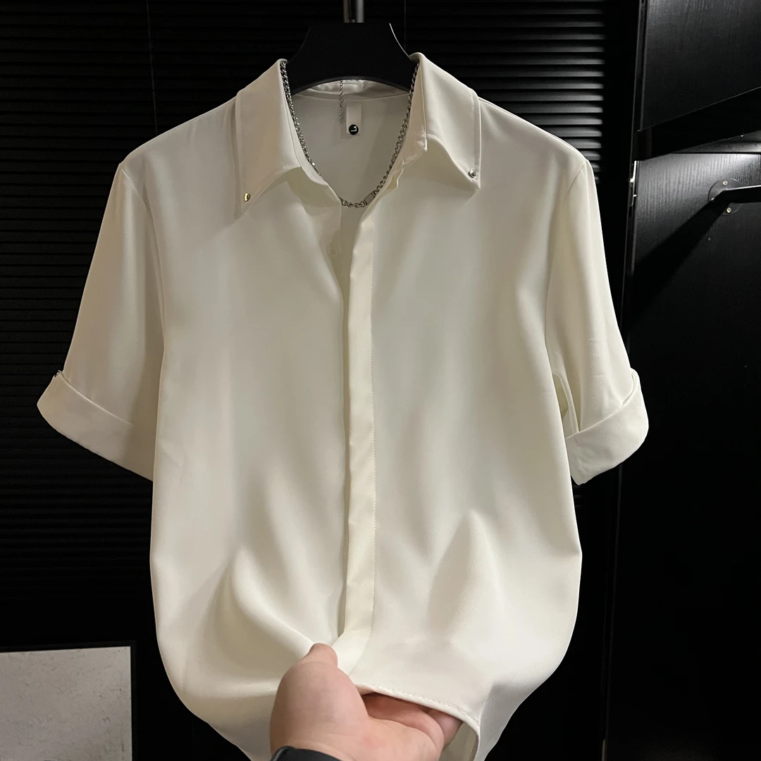 YW-2025夏季新款clean fit凉感男免烫衬衣肌理感宽松短袖丝滑衬衫