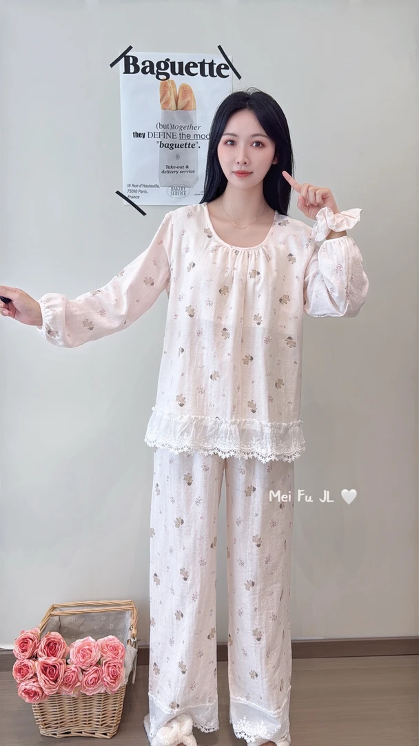 朵岑蝴蝶长袖长裤厚款睡衣家居服套装花边蕾丝薄款春夏