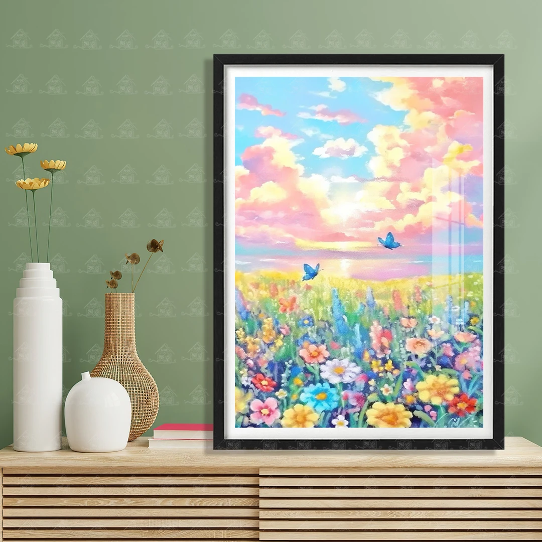 【进口棉布】爱阁十字绣花田蝶影新款花卉简约现代客厅书房手工线绣