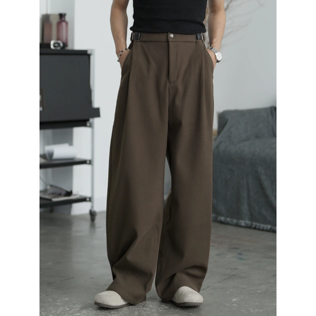 新款秋季高级感竖纹毛呢面料自带腰扣宽松百搭休闲裤男24196