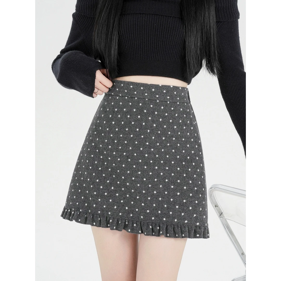 大码灰色毛呢波点半身裙女秋冬高腰显瘦收腰木耳边A字短裙呢子包