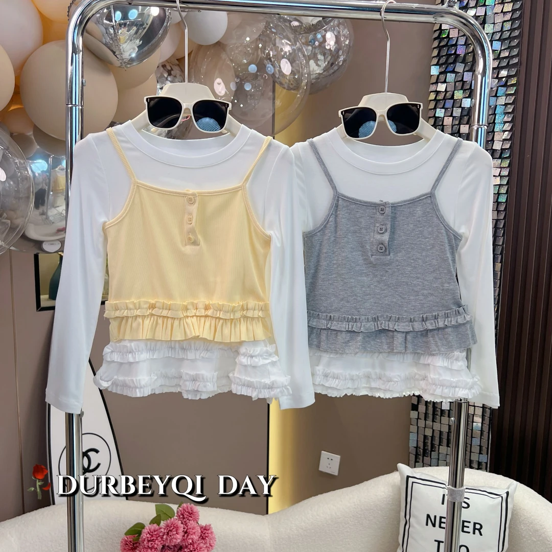 DURBEYQI/朵贝奇女童2025春季新款纯色假两件吊带圆领卫衣5182