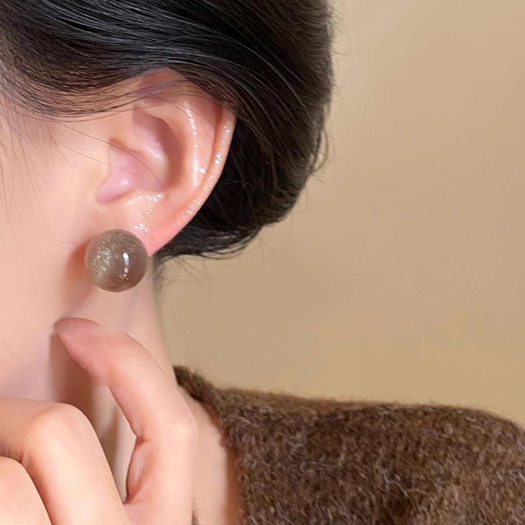 铜合金亚克力耳饰 925银针璀璨流沙圆珠韩系耳钉