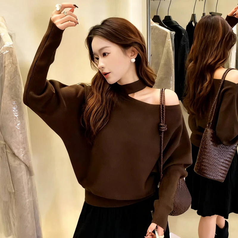 挂脖露肩气质高级感INS风秋冬新款套头显瘦百搭长袖打底针织衫女