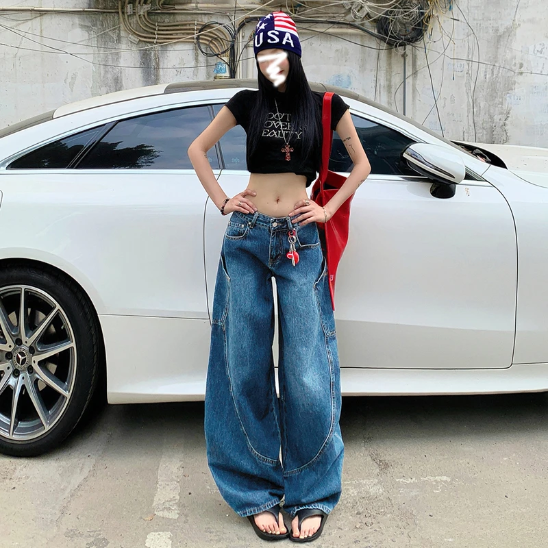 字母刺绣美式低腰复古弯刀牛仔裤新款遮肉显瘦拼接宽松垂感阔腿裤