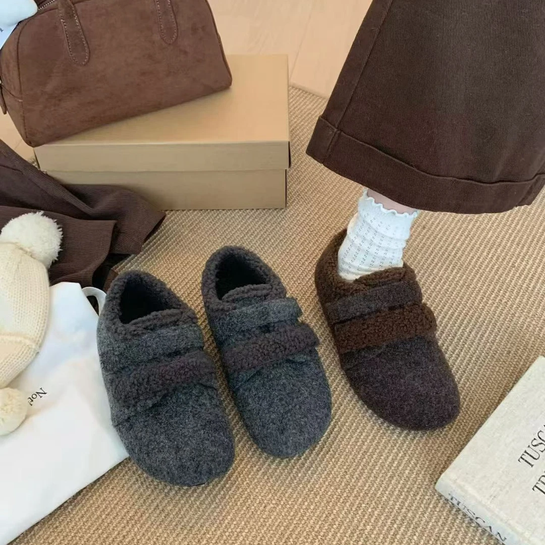 加绒勃肯鞋女新款冬季魔术贴平底一脚蹬加绒豆豆鞋M862