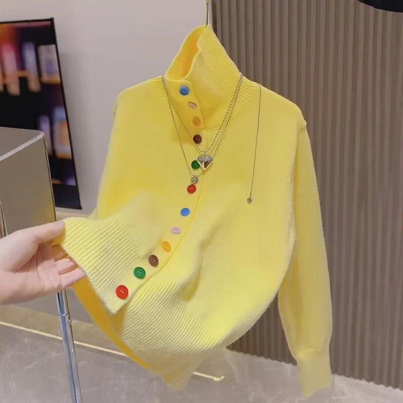 秋冬设计感韩系慵懒软糯毛衣女玫粉甜美温柔风彩扣半高领针织衫女