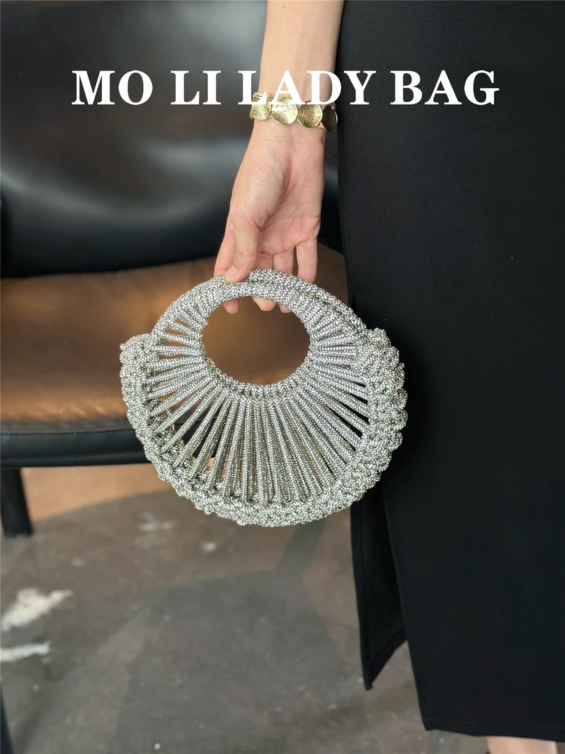 小众高级感闪闪vintage中古夸张银色圆圈手钻石手提包女轻奢包包