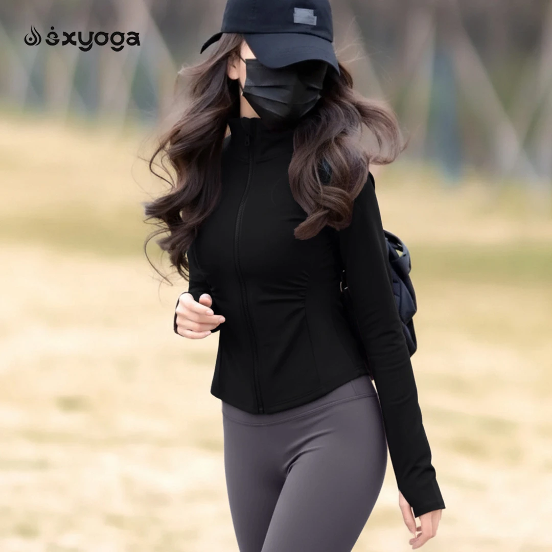 甜美运动瑜伽服健身服套装修身显瘦骑行长袖可外穿普拉提训练上衣