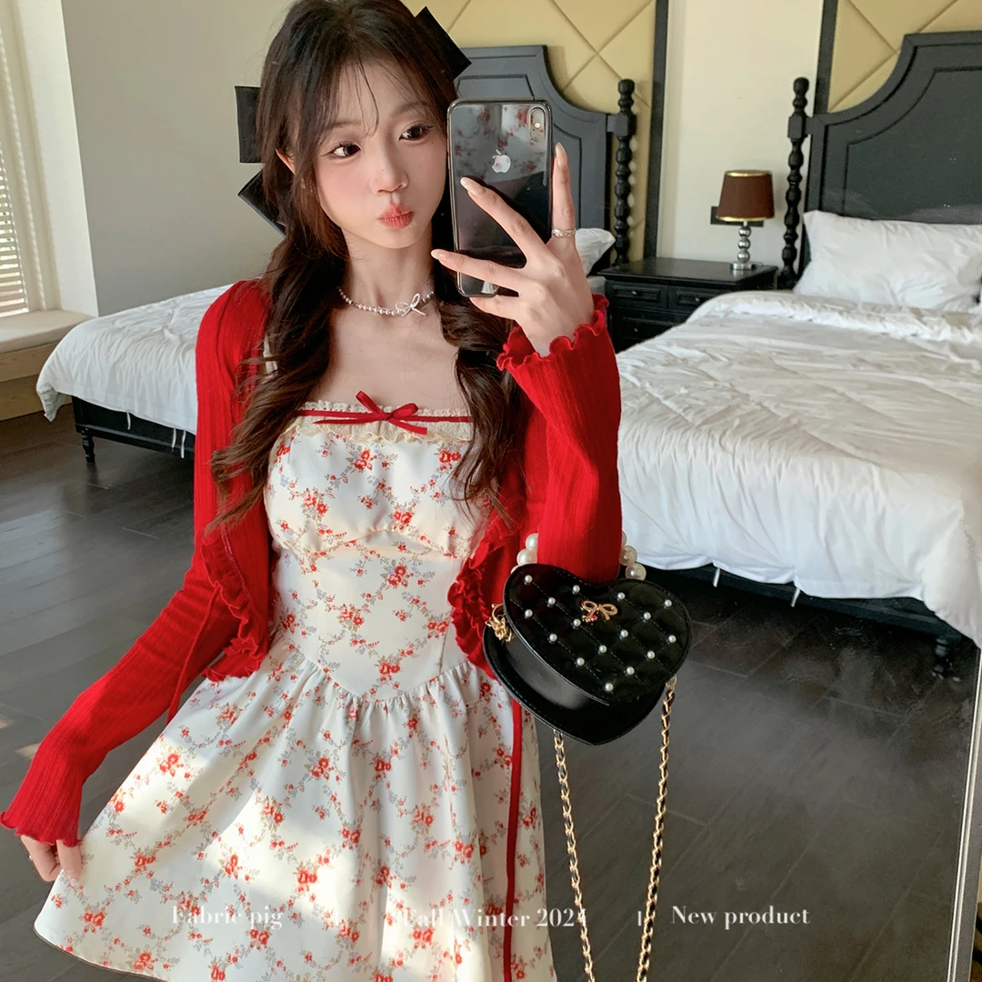 热恋红莓 织物猪原创 韩系少女显白花边红色开衫碎花吊带连衣裙
