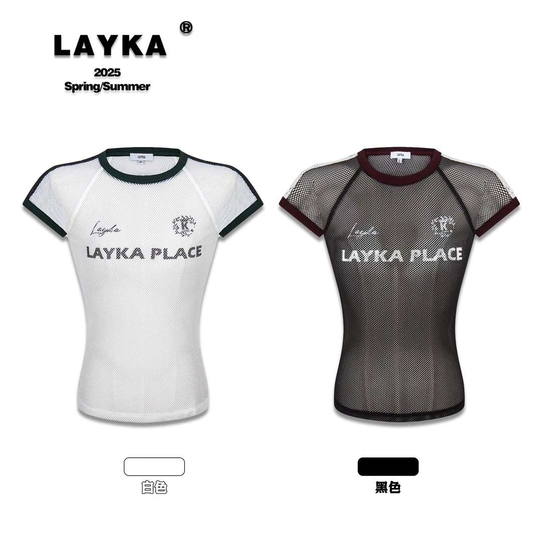 Layka夏季时尚杠条设计透气网洞修身短袖T恤正肩辣妹显瘦罩衫上衣