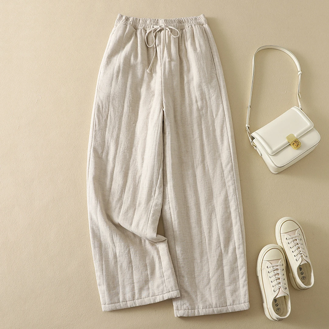 大码系带长裤轻薄棉裤女秋冬新款外穿保暖显瘦直筒休闲阔腿裤