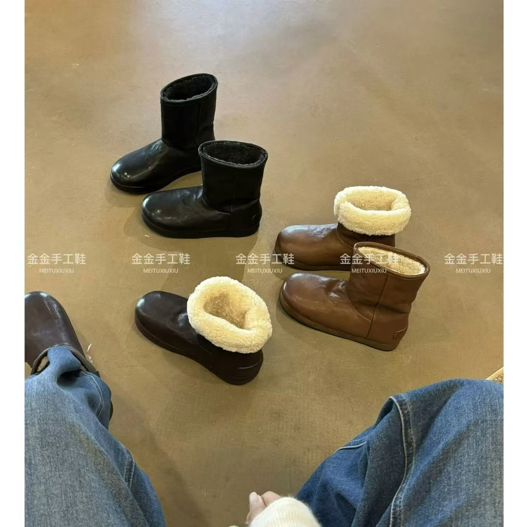 重工水洗马皮极简羊皮毛一体雪地靴