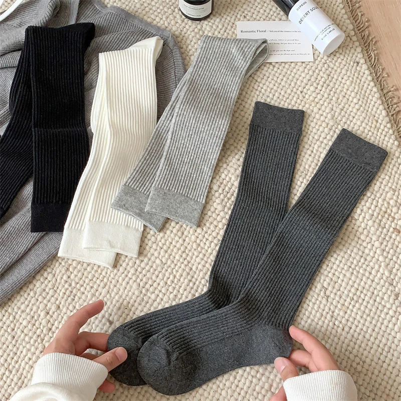 【A336】秋冬新小腿袜子女士纯色百搭微压显瘦长筒袜简约韩版芭蕾风