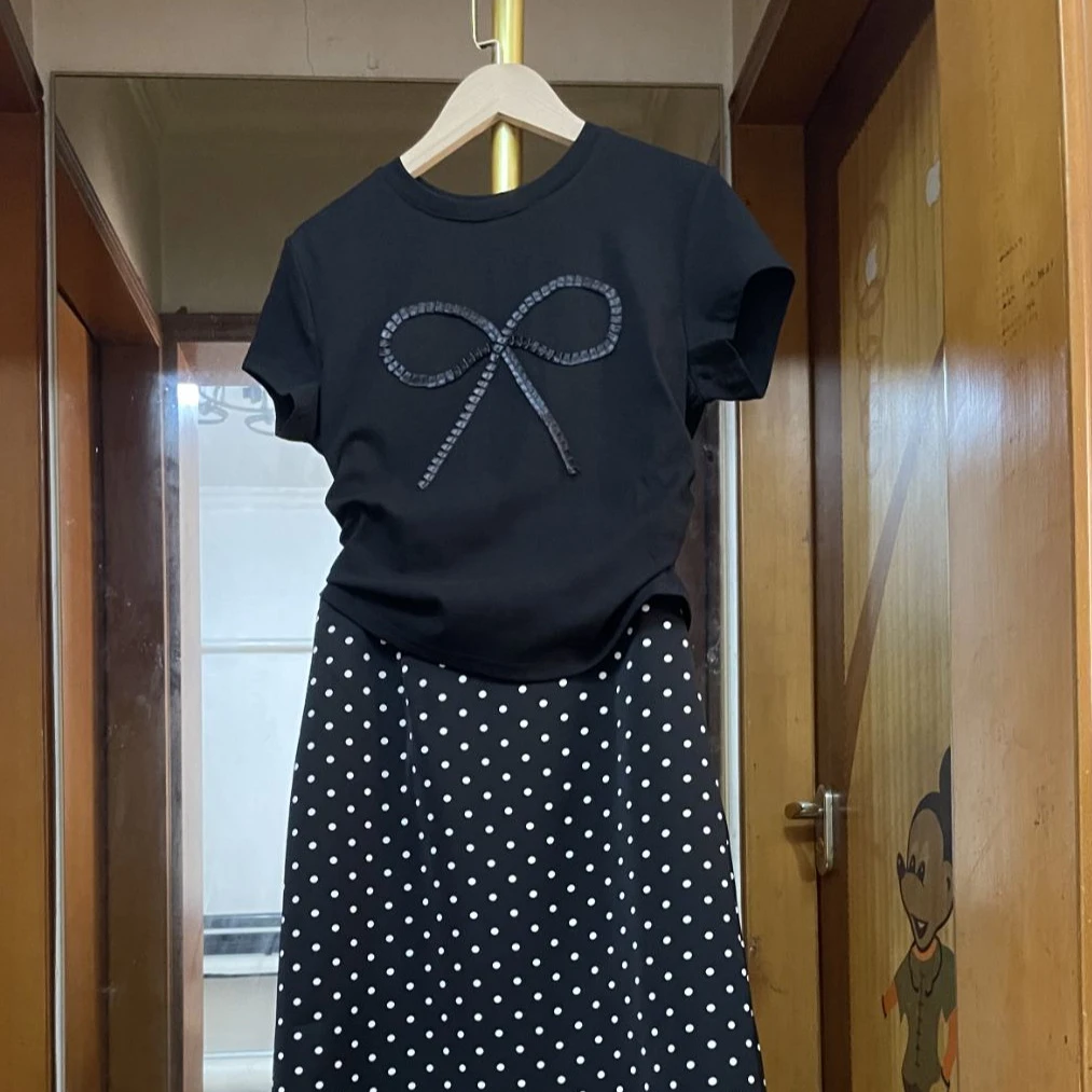 简约通勤休闲风黑色套装短袖女士波点夏季裙子女童洋气炸街裤子