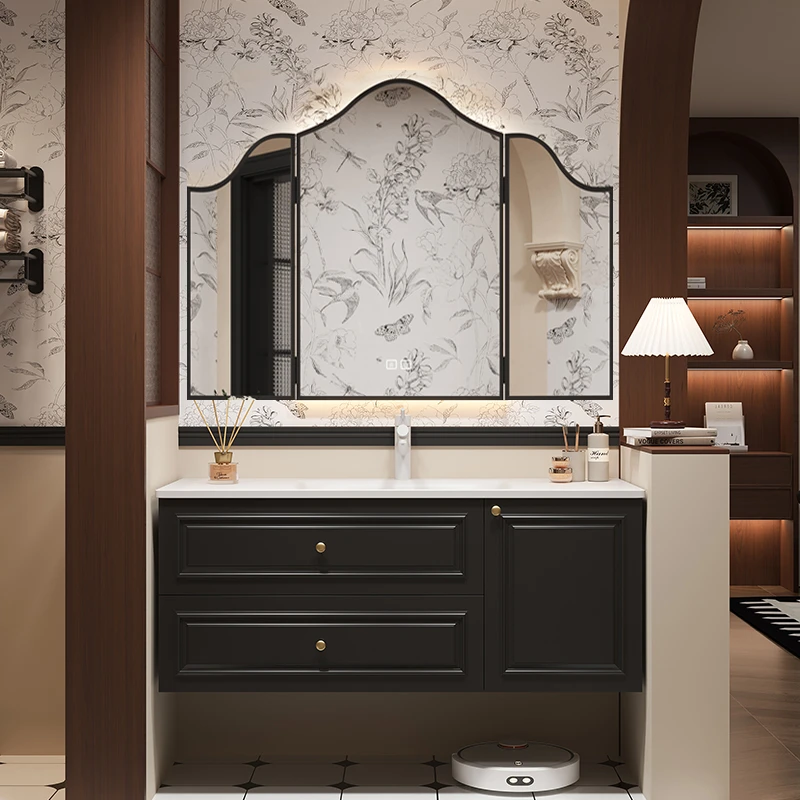 意式极简烤漆浴室柜橡木实木烤漆中古风智能镜柜烤漆墙挂浴室柜