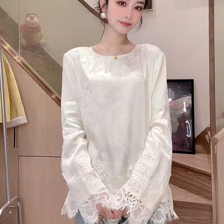 “白如玉” 上衣 提花长袖宽松显瘦拼接蕾丝 私服定制 新中式小衫