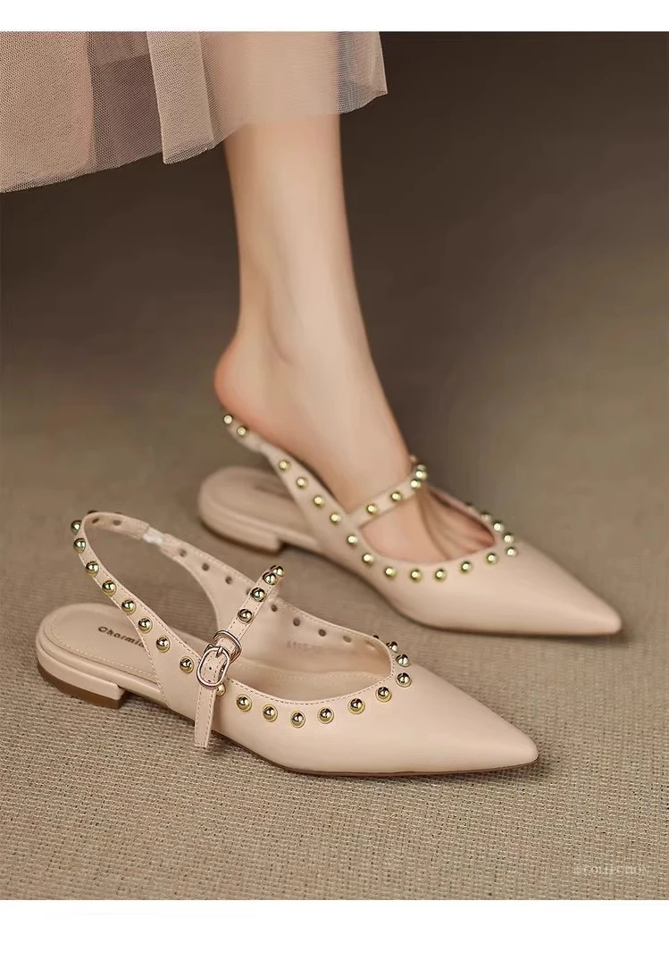 法式2025夏季新款低跟尖头真皮一字带气质包头平底后空百搭凉鞋女