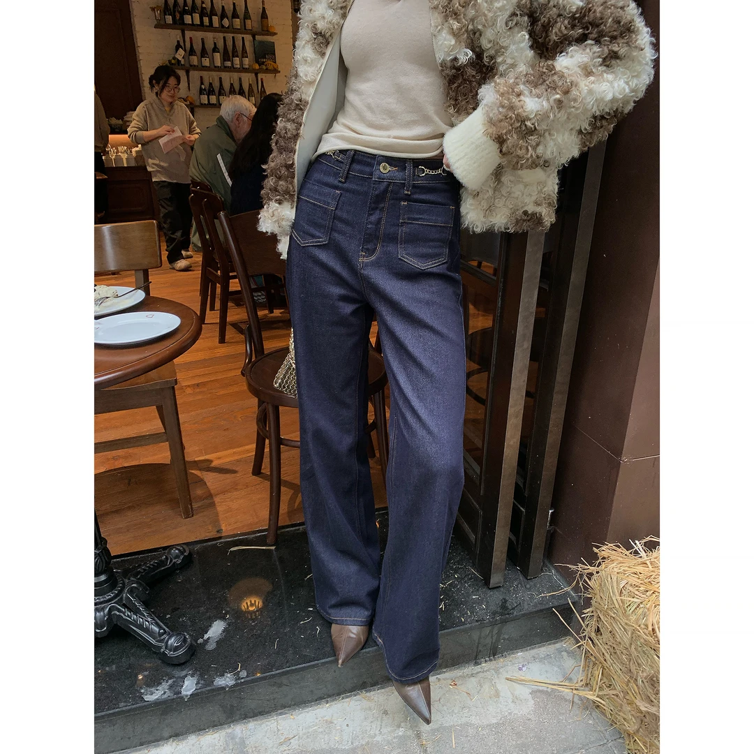 ZHAIAIAIA【都市蓝本】秋冬宽松设计感直筒深蓝牛仔裤H39595GK54