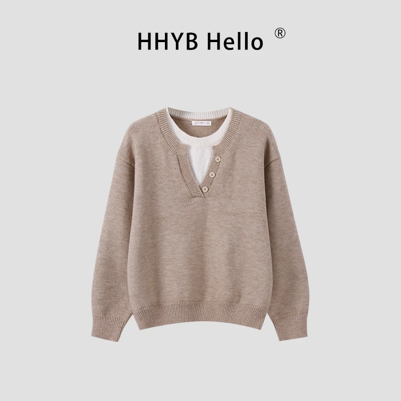 HHYB Hello秋季休闲撞色假两件针织衫女设计感百搭宽松毛衣M1386