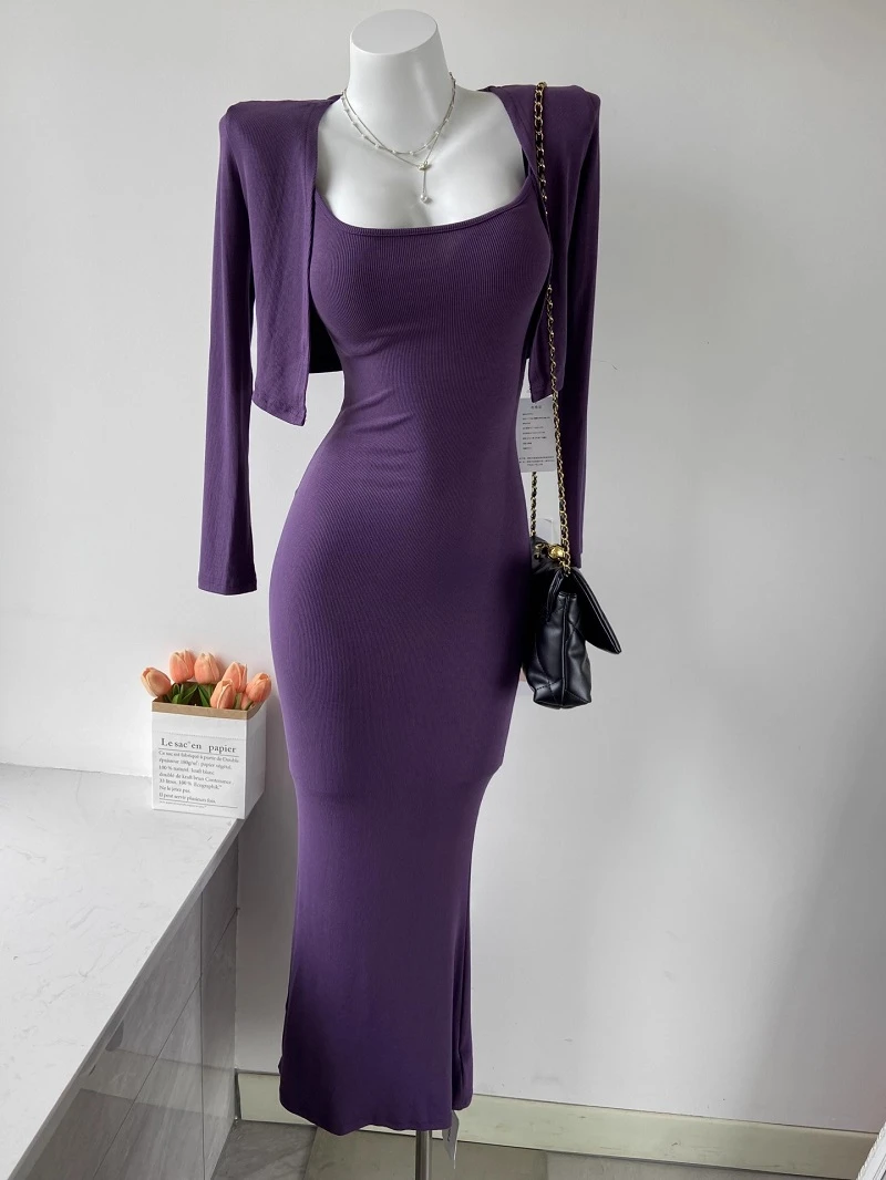 MCREAM SHO纯性感高贵修身包臀鱼尾吊带长裙女长袖披肩上衣两件套