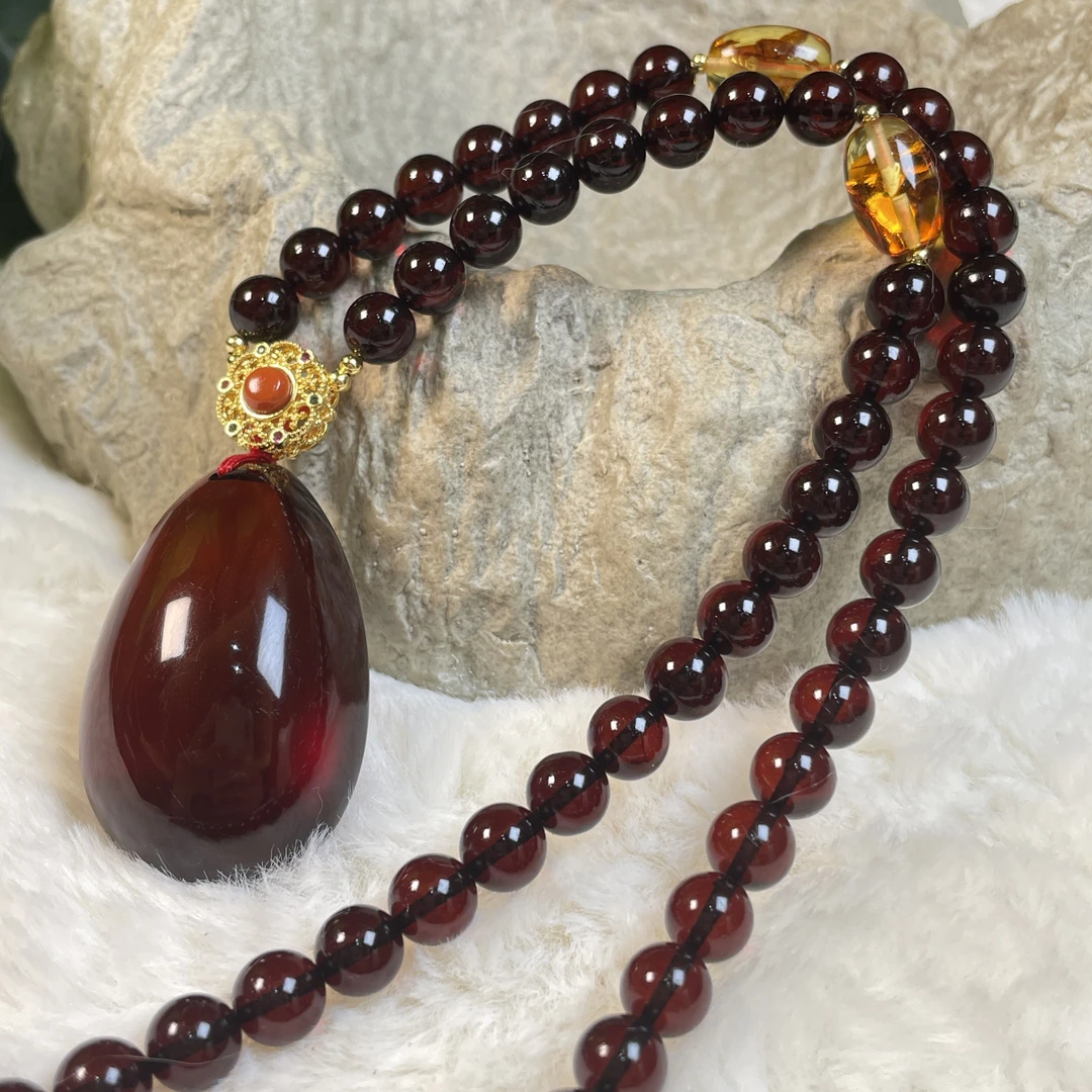 天然缅甸血珀水滴吊坠项链套链毛衣链男士女士男神女神轻奢百搭