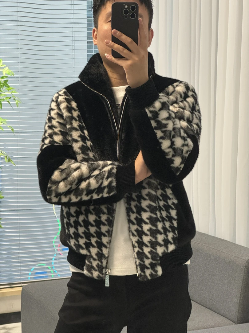 2025冬季男士新款百搭时尚经典千鸟格加厚保暖抗寒外套