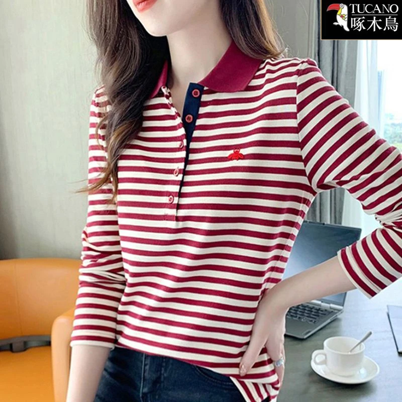 啄木鸟秋季长袖条纹拼色刺绣T恤2025年新款休闲气质POLO领上衣女