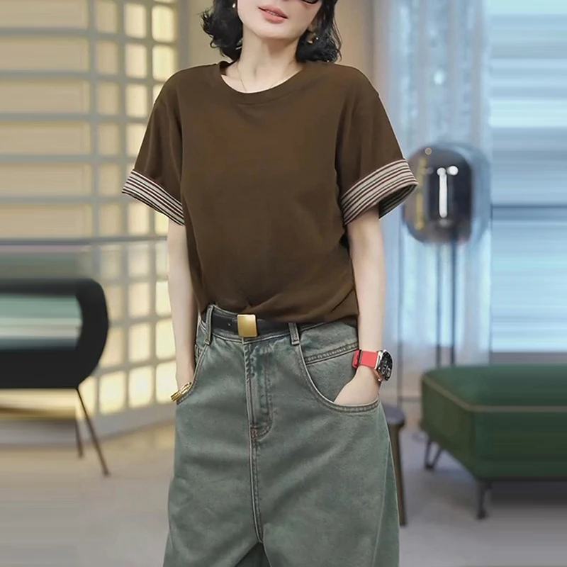 夏季新款小众衣服女设计感拼接撞色圆领短袖T恤透气小衫显瘦上衣