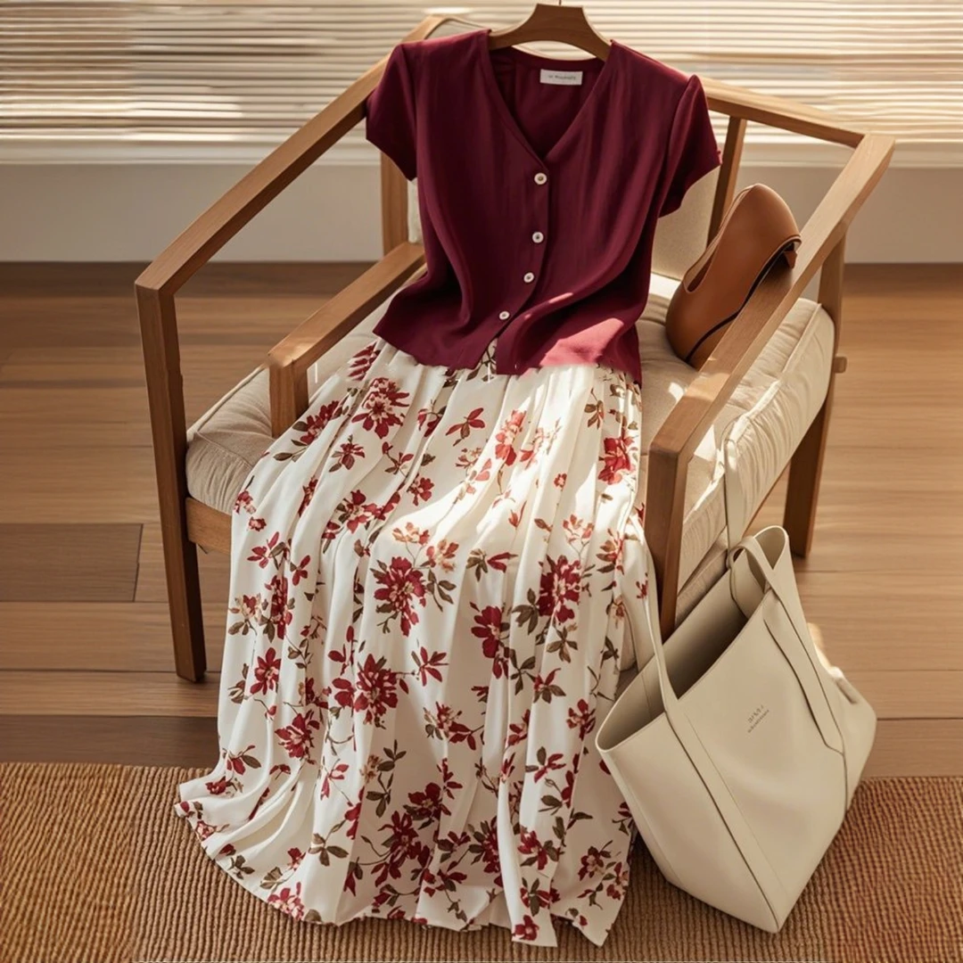 【法式减龄】春夏时尚安可拉红百搭通勤上衣小众高腰碎花裙T70+Q218