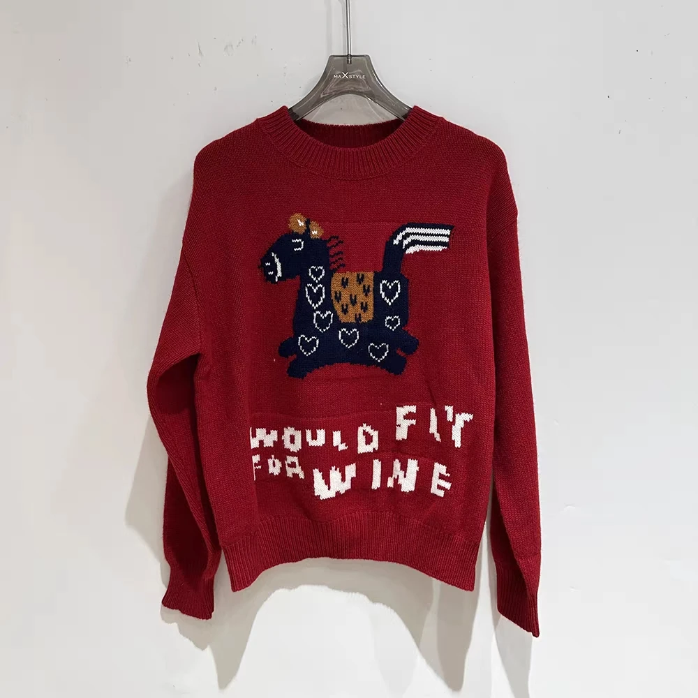 25849#冬季新款红色圆领针织衫提花毛衣套头字母小马