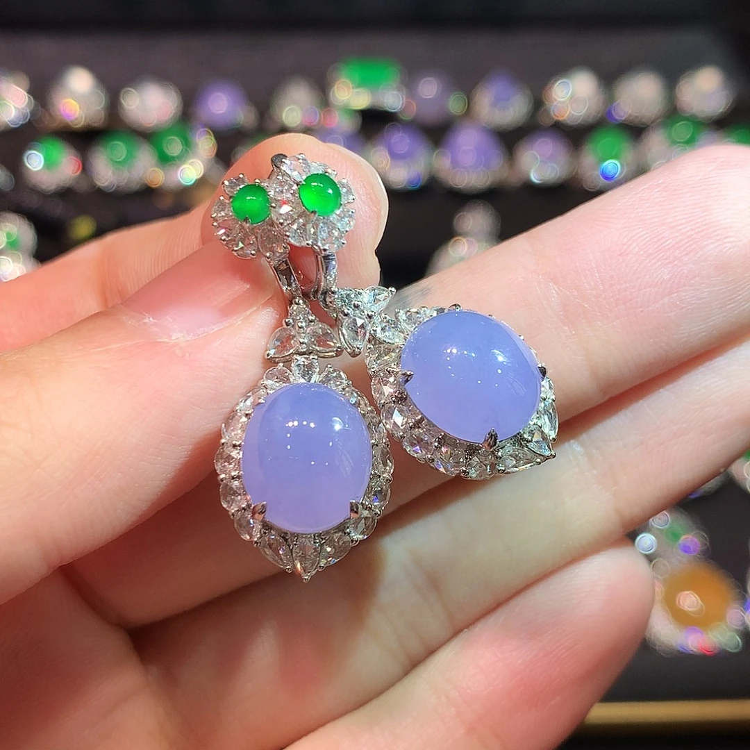 翡翠18K金镶嵌耳饰高冰紫罗兰大蛋面耳坠