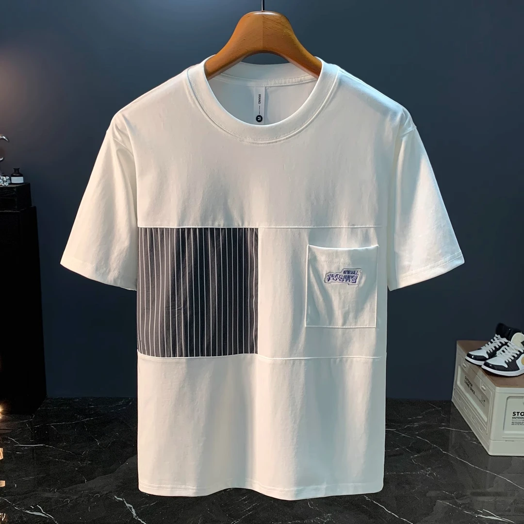 LEIGHZ/雷茨夏季新款拼接条纹刺绣圆领短袖男冰丝宽松凉感T恤男装
