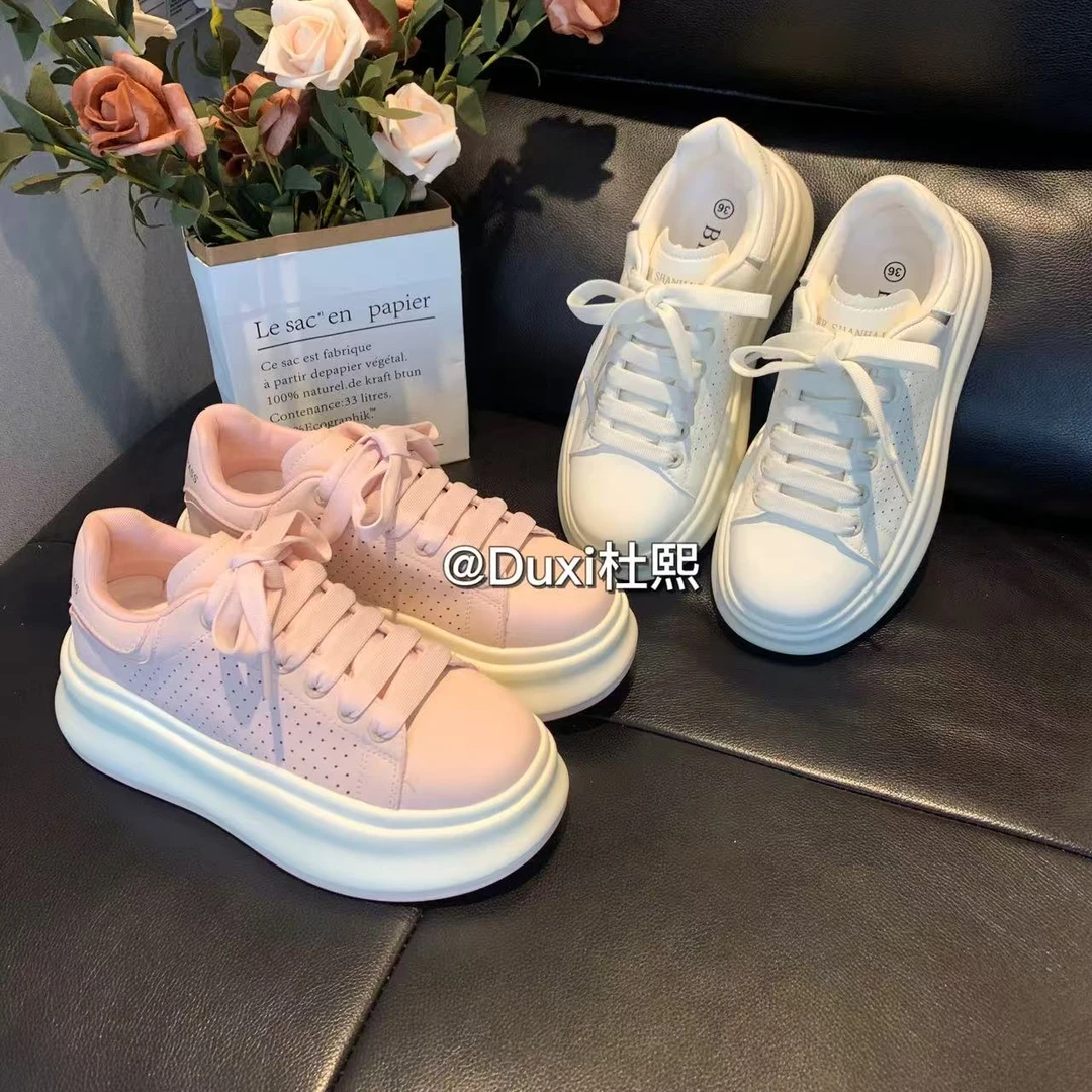Duxi杜熙2025春夏新款透气时尚厚底增高网红皮面板鞋韩版系带ins