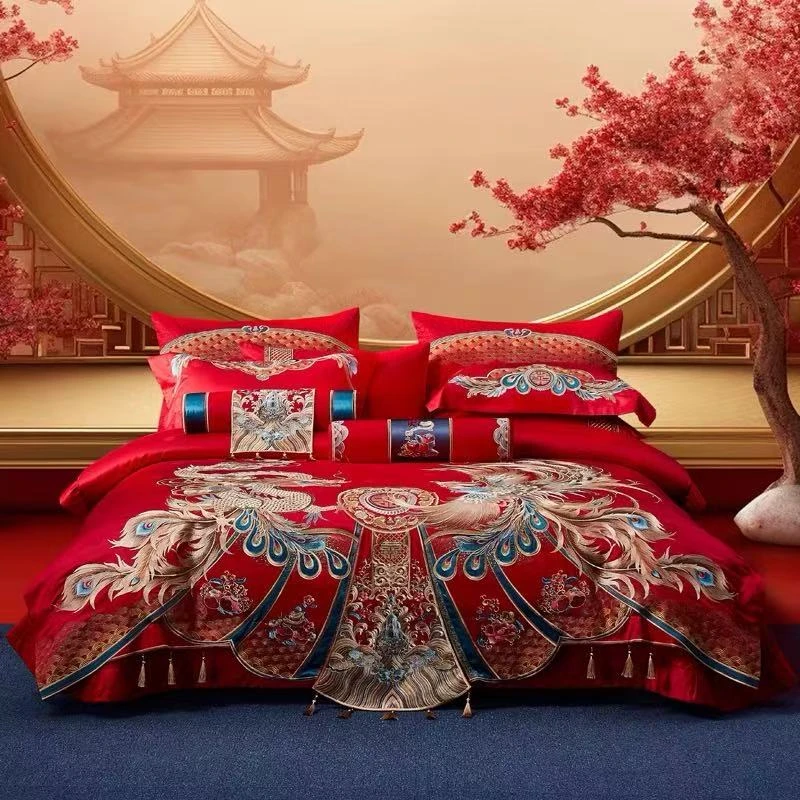 龙凤四件套婚庆提花刺绣床上用品大红结婚多套件