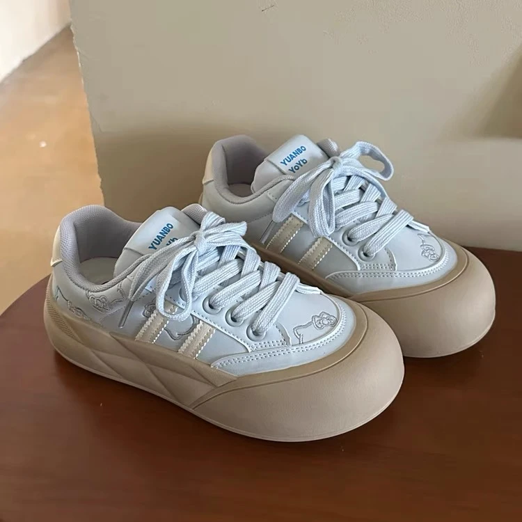 ins厚底面包鞋女2025夏透气韩系百搭圆头皮面可爱学生休闲板鞋