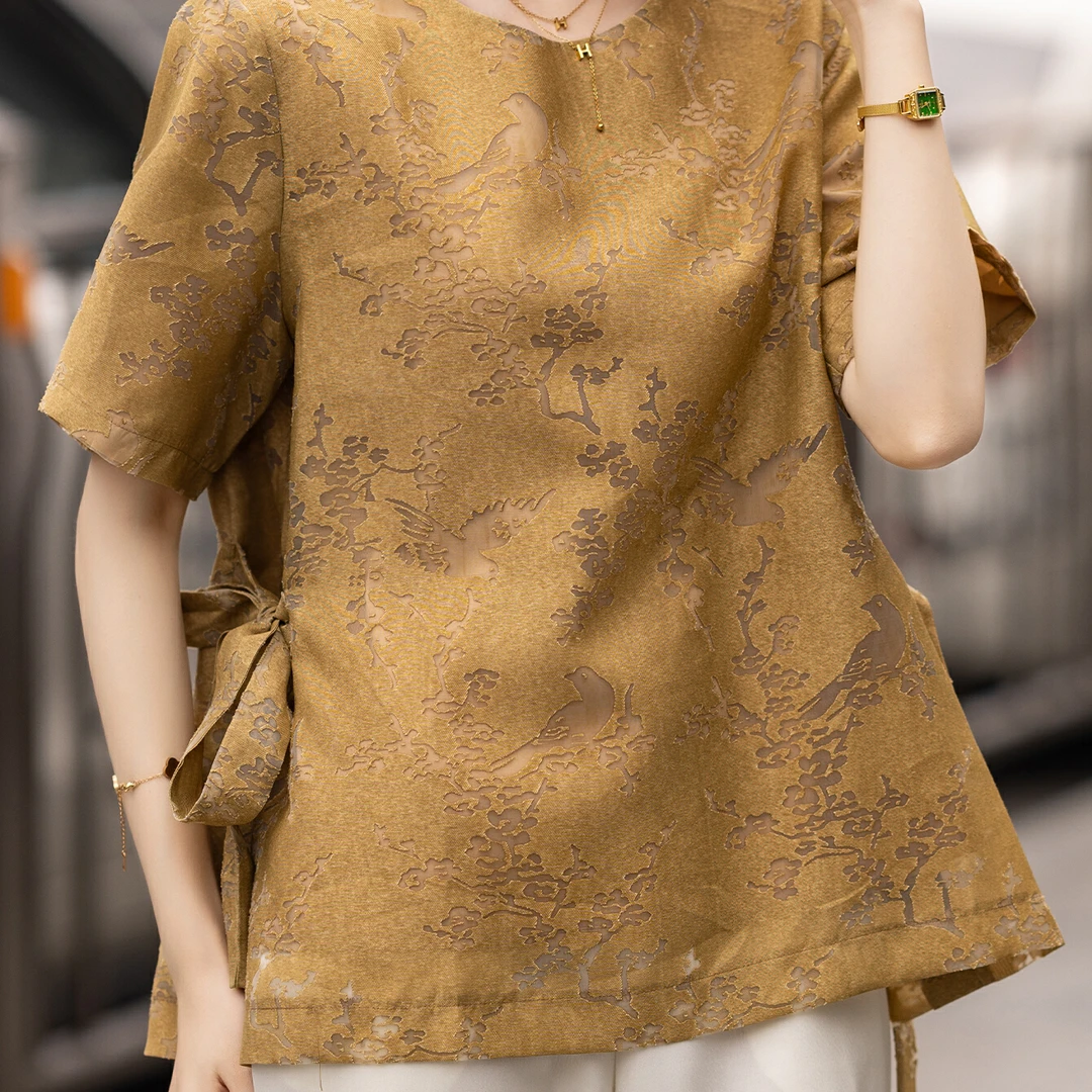 法式精致复古提花上衣小衫圆领套头显瘦夏季时尚气质衬衫宽松通勤