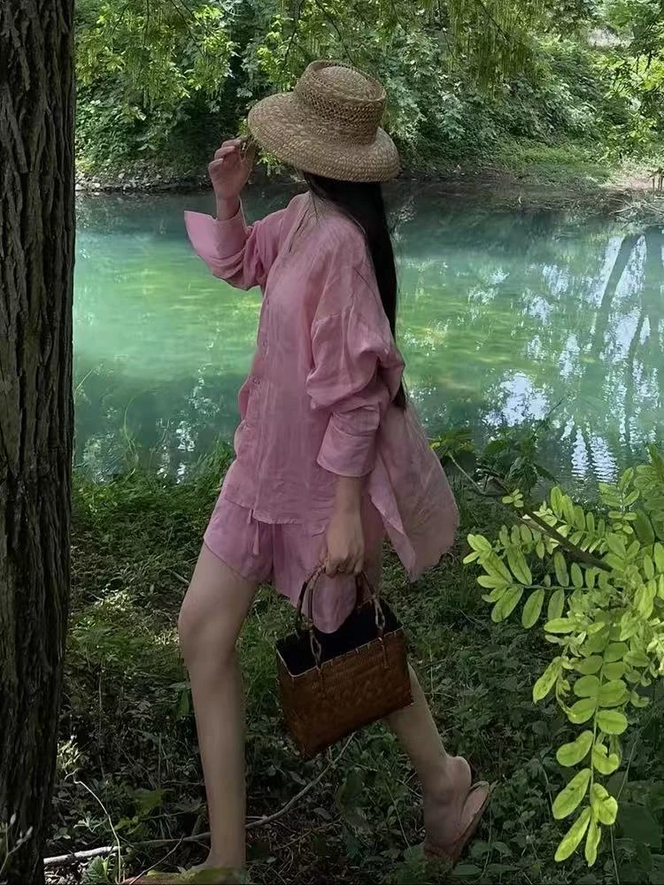 新款设计感V领长袖衬衫与短裤夏季套装