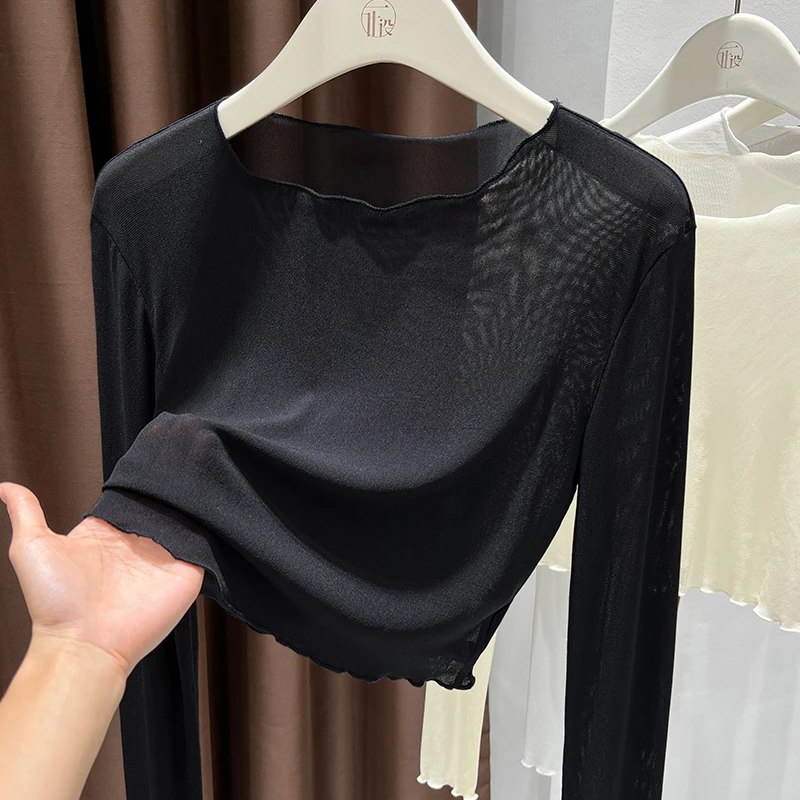 网纱长袖打底衫秋季新款木耳边圆领黑色T恤上衣女设计感纯欲小衫