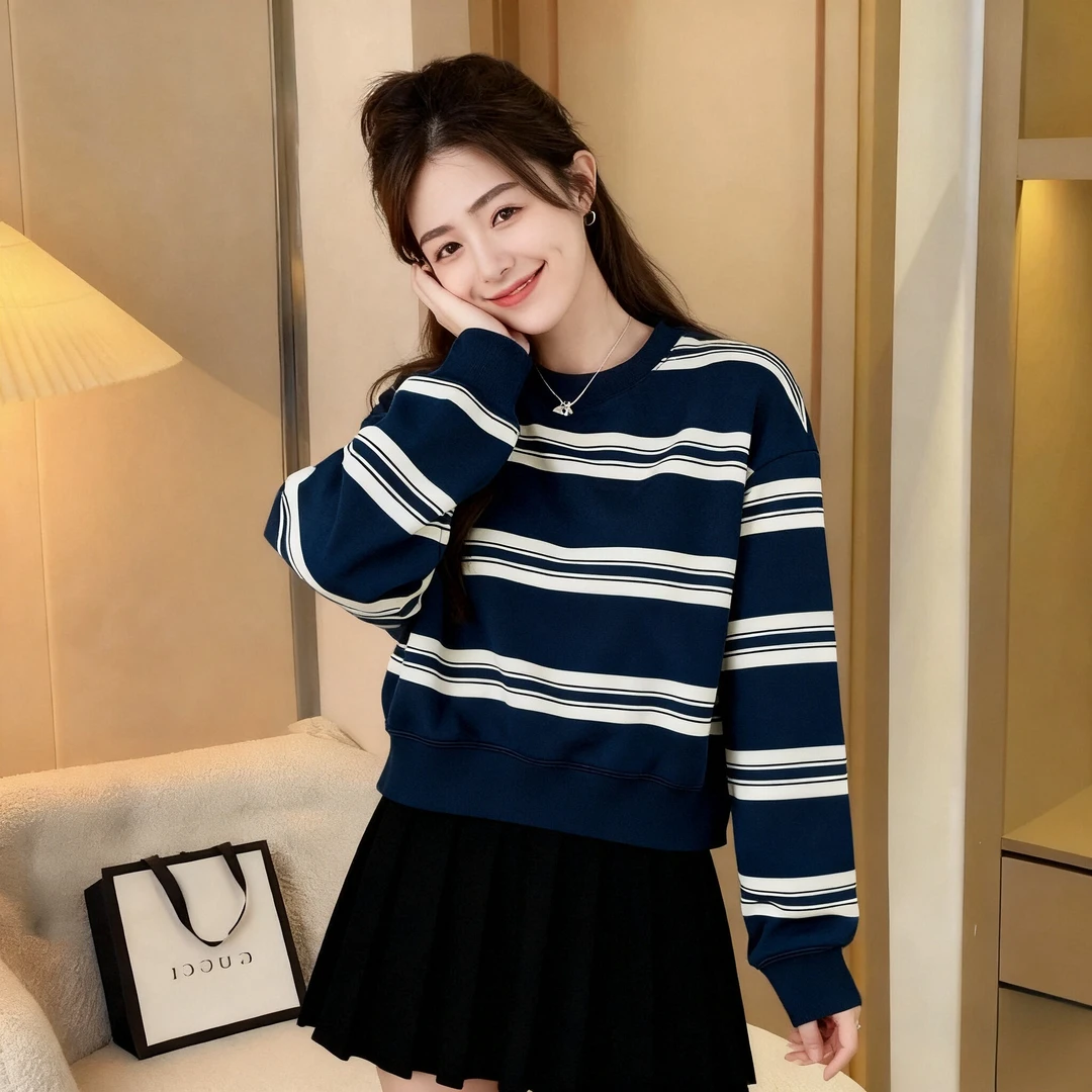 小个子藏蓝色条纹圆领无帽卫衣女早秋季美式慵懒chic宽松短款上衣