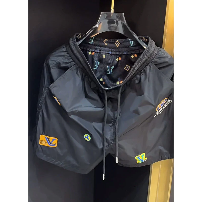 欧货顶奢高定男装休闲裤子2025夏季新款潮牌字母刺绣系带黑色短裤