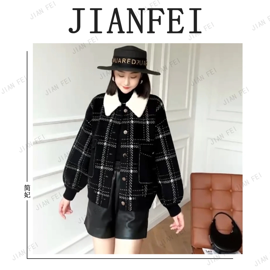 JIANFEI/简妃B687 女士翻领外套时尚休闲宽松百搭秋冬短款针织