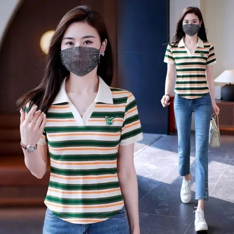 百搭慵懒绑带休闲T恤韩版夏季翻领POLO领夏装短袖条纹小个子