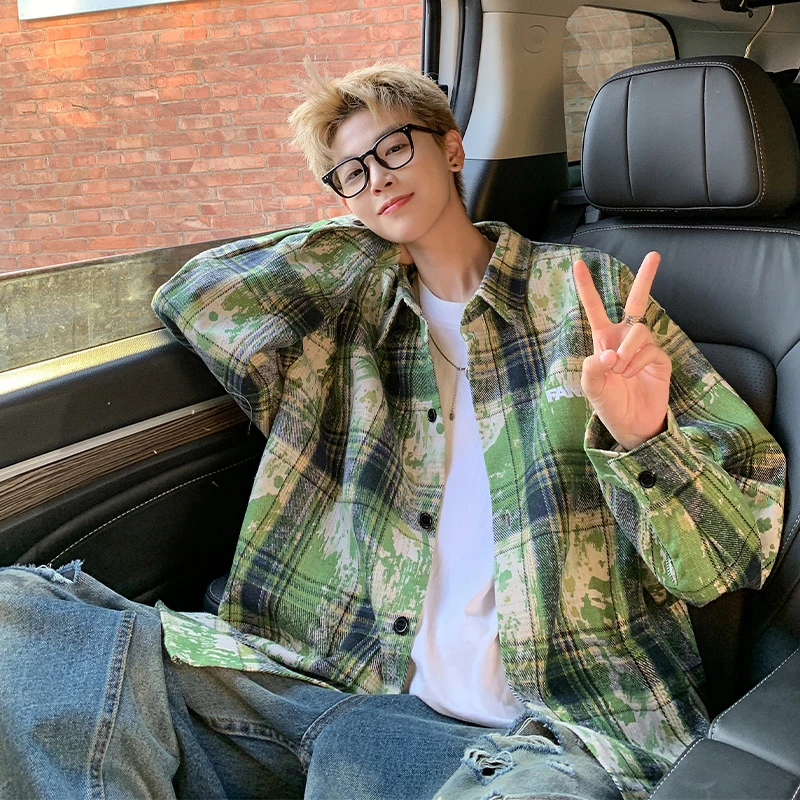 VUUG港风少年感格子长袖衬衫男款春秋季新款潮牌宽松休闲痞帅外套