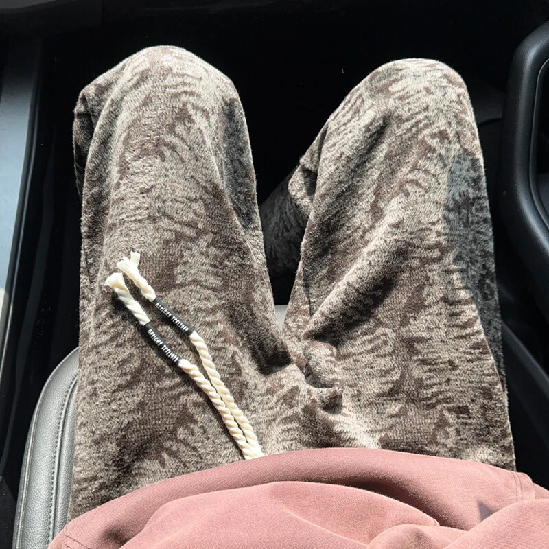 美式慵懒松弛感糯米裤子男春秋民族风扎染针织阔腿裤直筒休闲卫裤